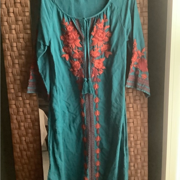 Linen Cotton Blend Teal Embroidered Women's dress Boho - Picture 2 of 5